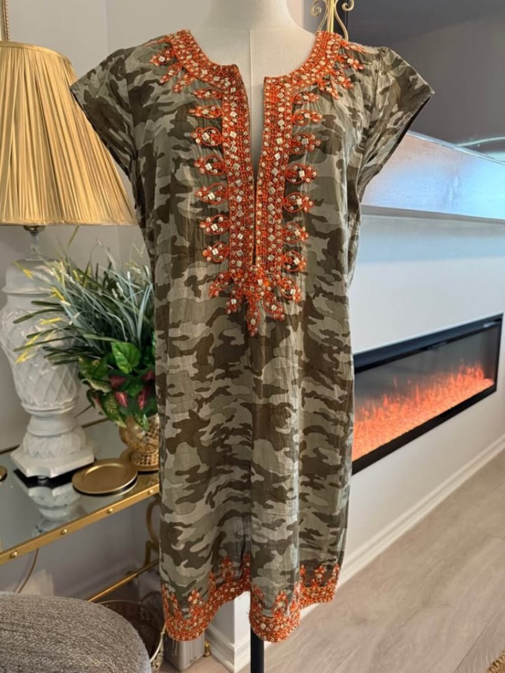 Camo Tunic Dress Women Embroidered Beaded Boho Short Sleeve Size L